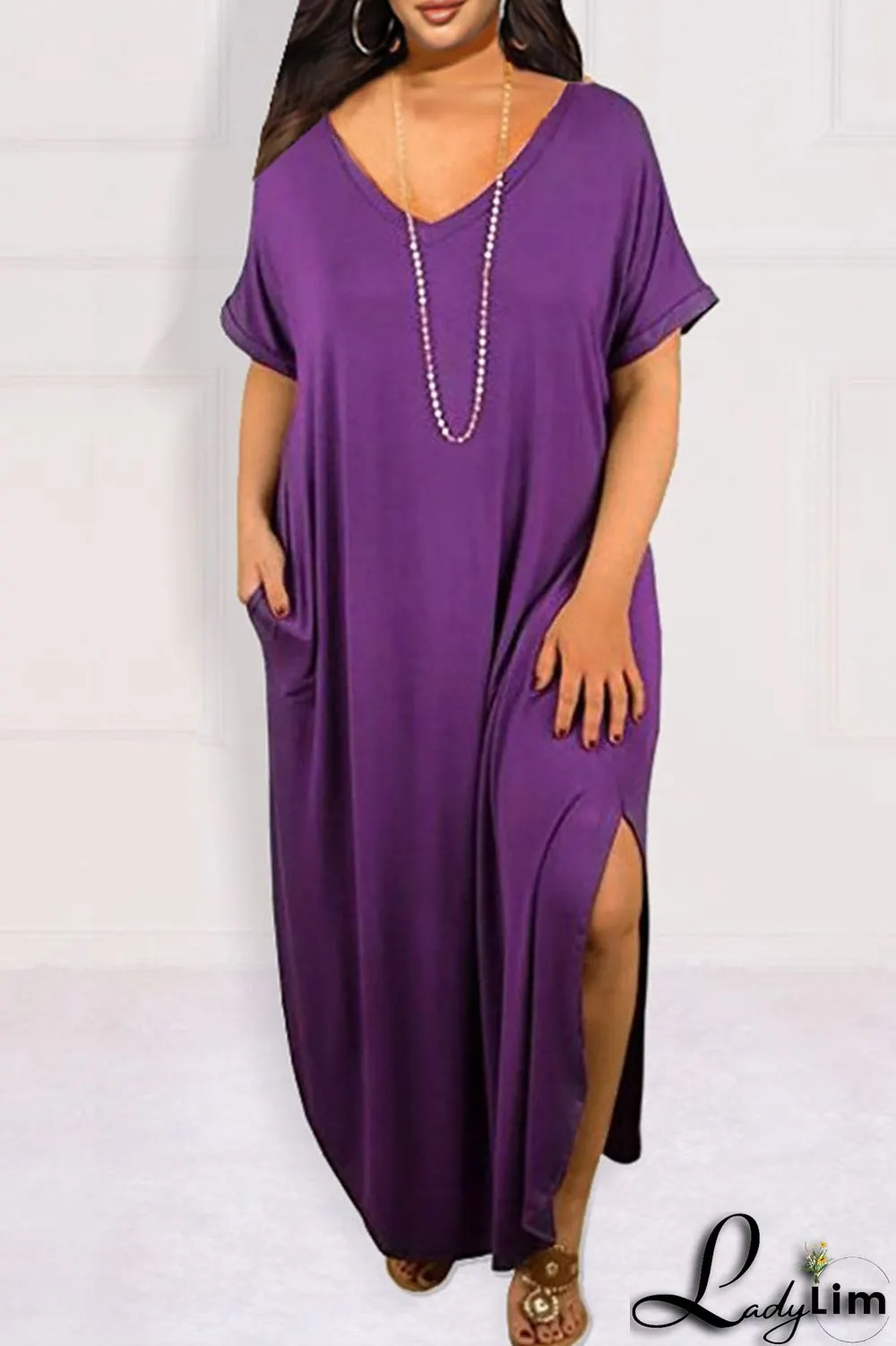 Blue Casual Solid Patchwork Slit V Neck T-shirt Dress Plus Size Dresses