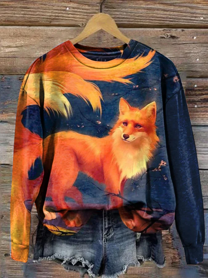 Fox Floral Print Round Neck Long Sleeve Sweatshirt