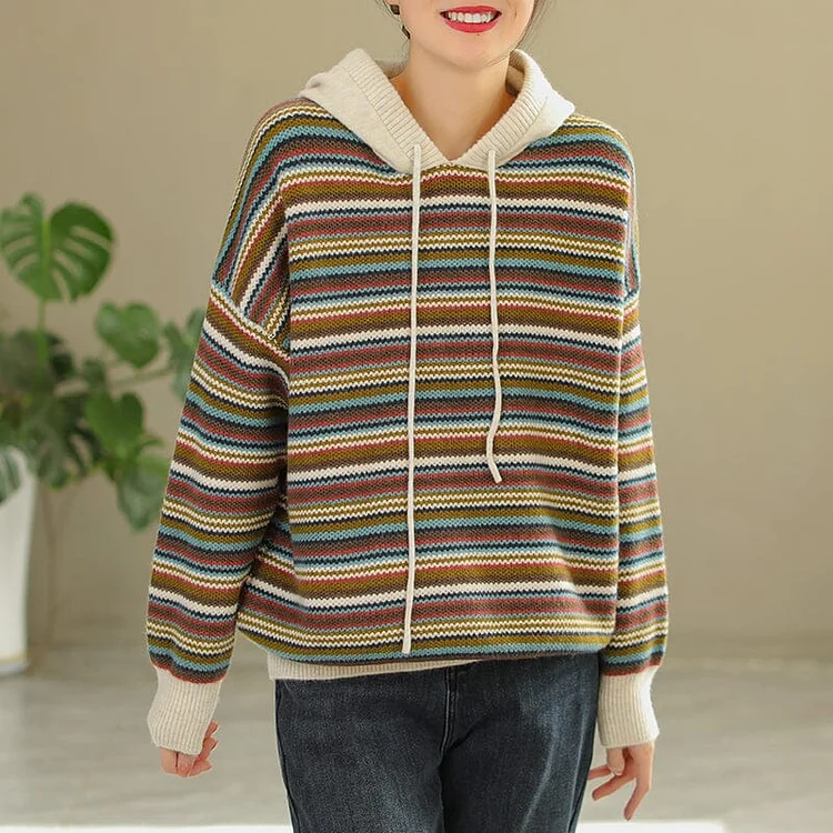 Spring Color Matching Stripe Knitted Hoodie