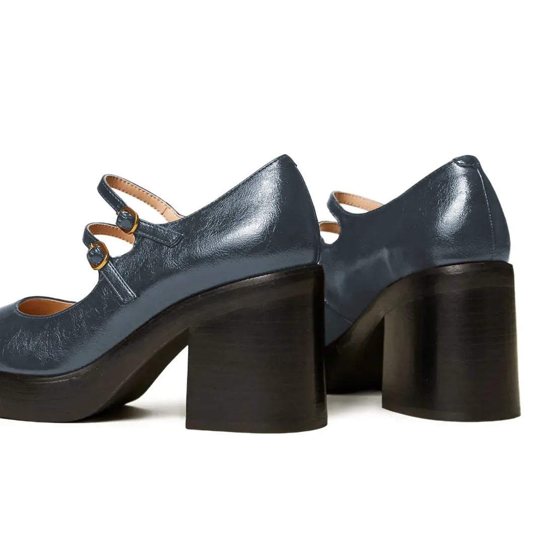 Navy Round Toe Chunky Heel Double Strap Platform Mary Jane Pumps