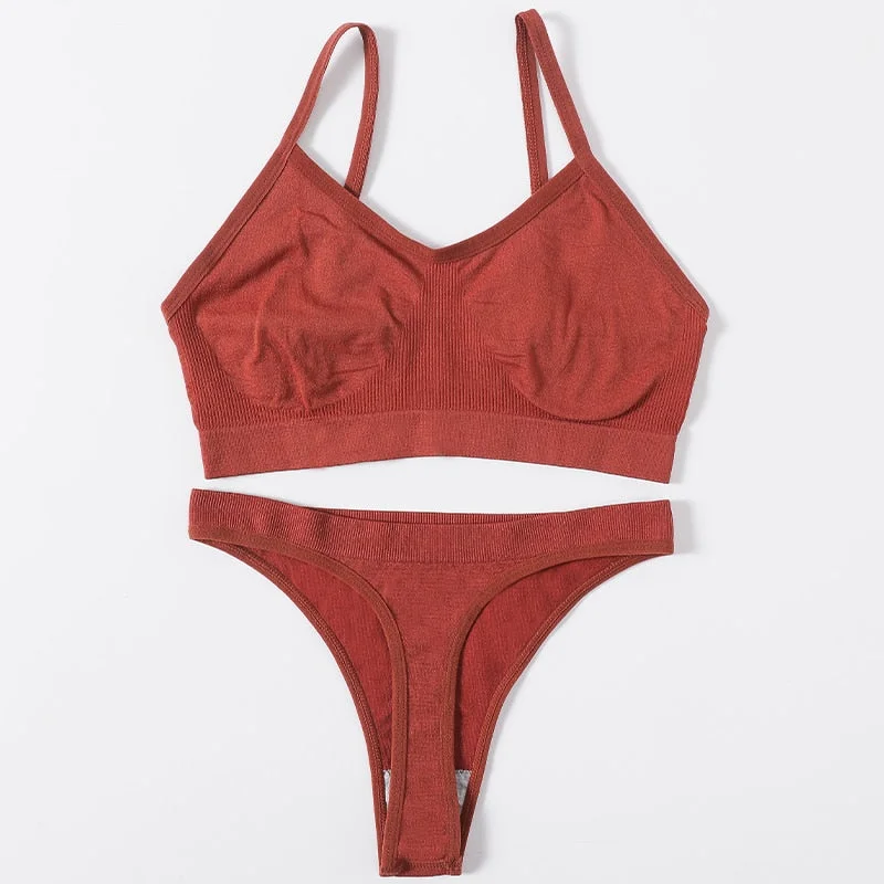 Women Seamless Bra Set Female Underwear Set Low Waist Thong Panties Comfort Bra Bralette Sexy Lingerie Brassiere Ribbed Top Suit