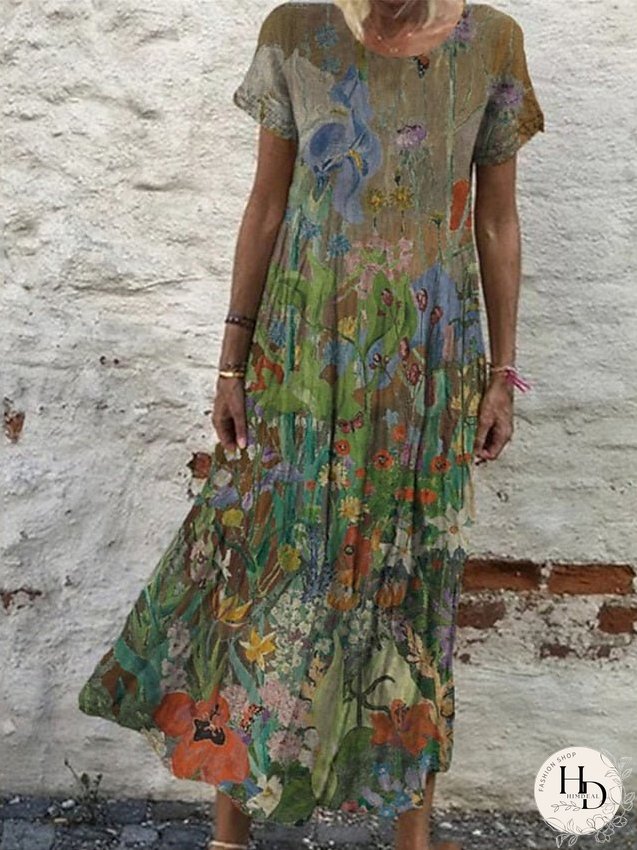 Casual Dress Shift Dress Long Dress Maxi Dress Wine Blue Green Short Sleeve Floral Print Spring Summer Crew Neck Basic Daily Vacation Weekend S M L XL XXL 3XL for Women