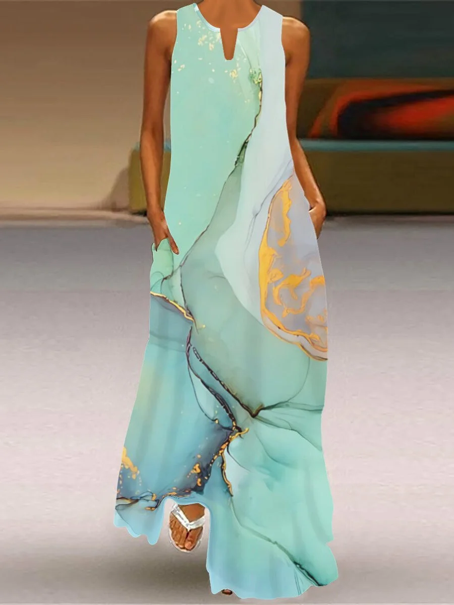 Women's Summer Sleeveless V-neck Gradient Print Fashion Casual Maxi Dress