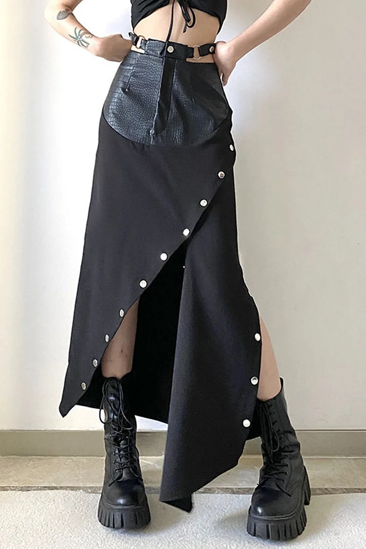 Gothic Black Party PU Leather Patchwork High Waist Split Buttons Grommet Skirt