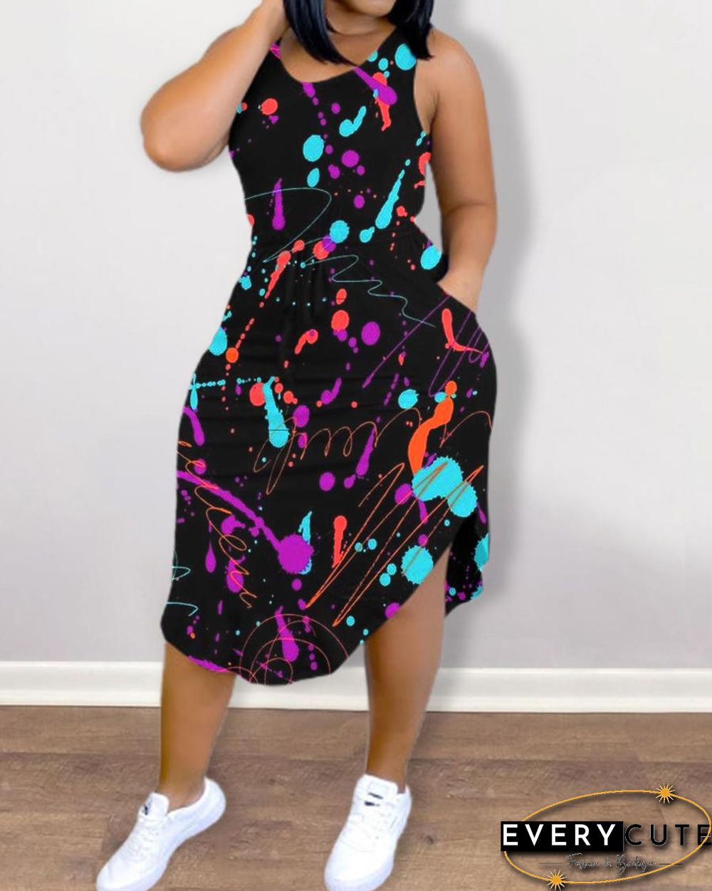 Ink Splash Print Strap Sleeveless Slim Midi Dress