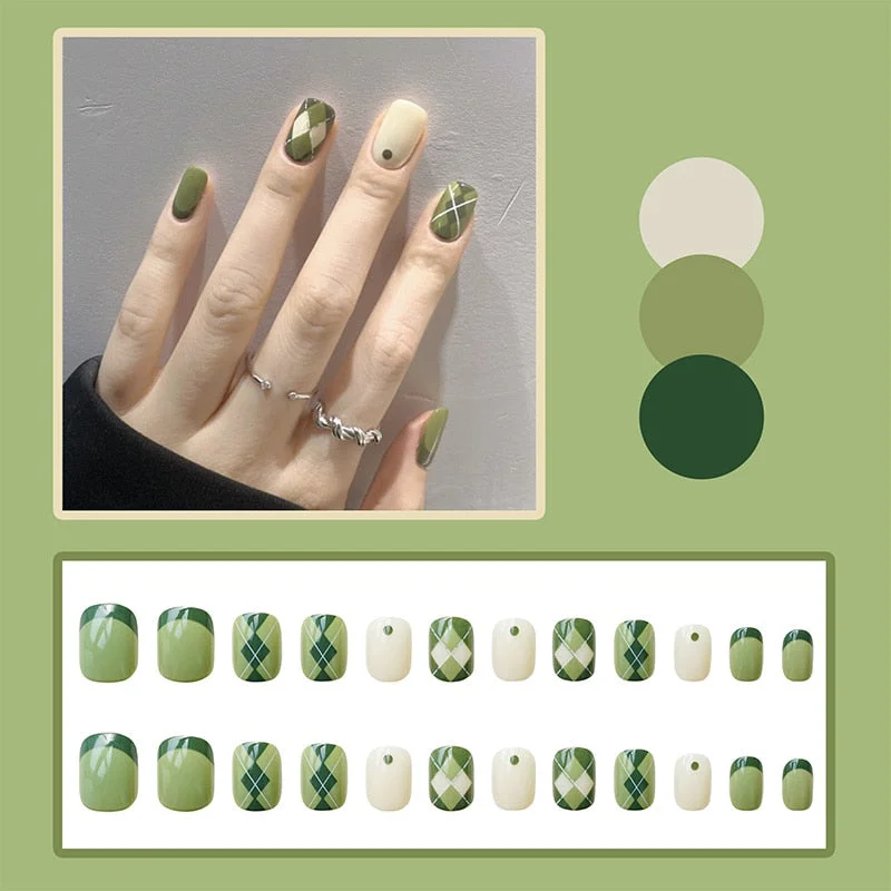 false nails short Green Solid Color with Gold Foil and Shell 3D Decoration Fake Nails Cute Bride Fake Nails Full Nail Tips-Nail Inspo