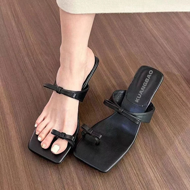 Wongn Wongn Summer New Fashion Korean Version Bow Set Toe High Heel Slipper Thin Sandals Women's Shoes