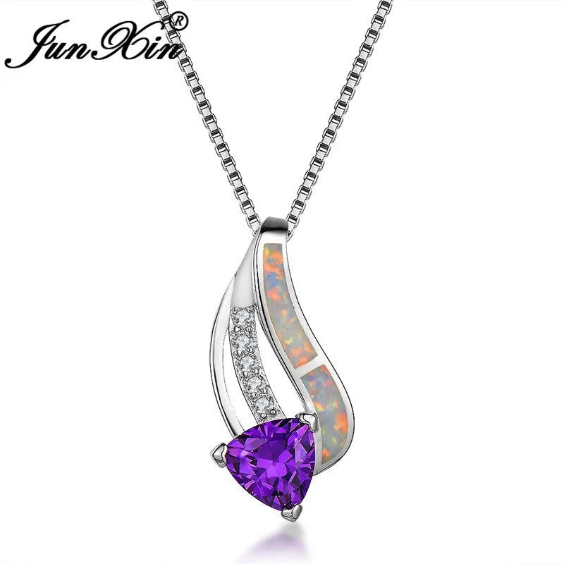 Boho Female Purple Triangle Stone Necklace Blue White Fire Opal Necklaces & Pendants Fashion Silver Color Wedding Jewelry