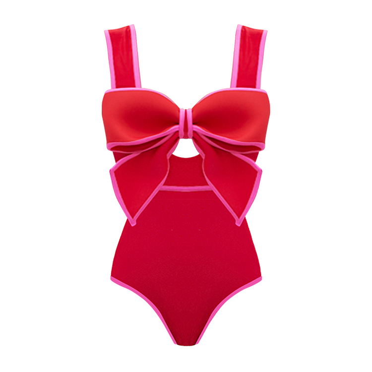 Bow Front Cut Out Color Block One Piece Swimsuit and Skirt Flaxmaker