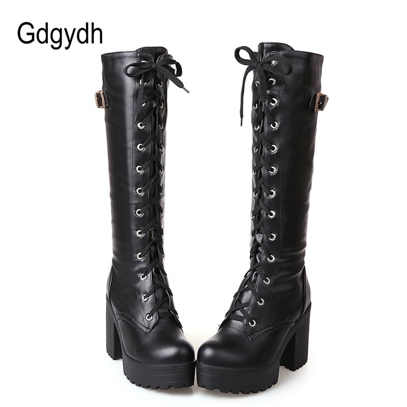 Gdgydh Hot Sale Spring Autumn Lacing Knee High Boots Women Fashion White Square Heel Woman Leather Shoes Winter PU Large Size 43