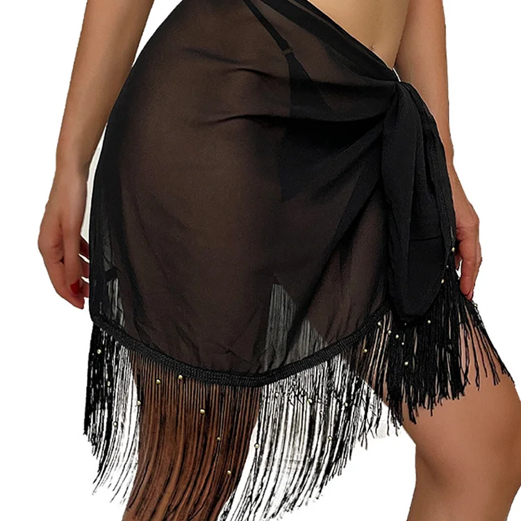 Summer Bikini Wrap Sheer Short Skirt Tassels Pearl Scarf Cover Ups for Swimwear-Annaletters