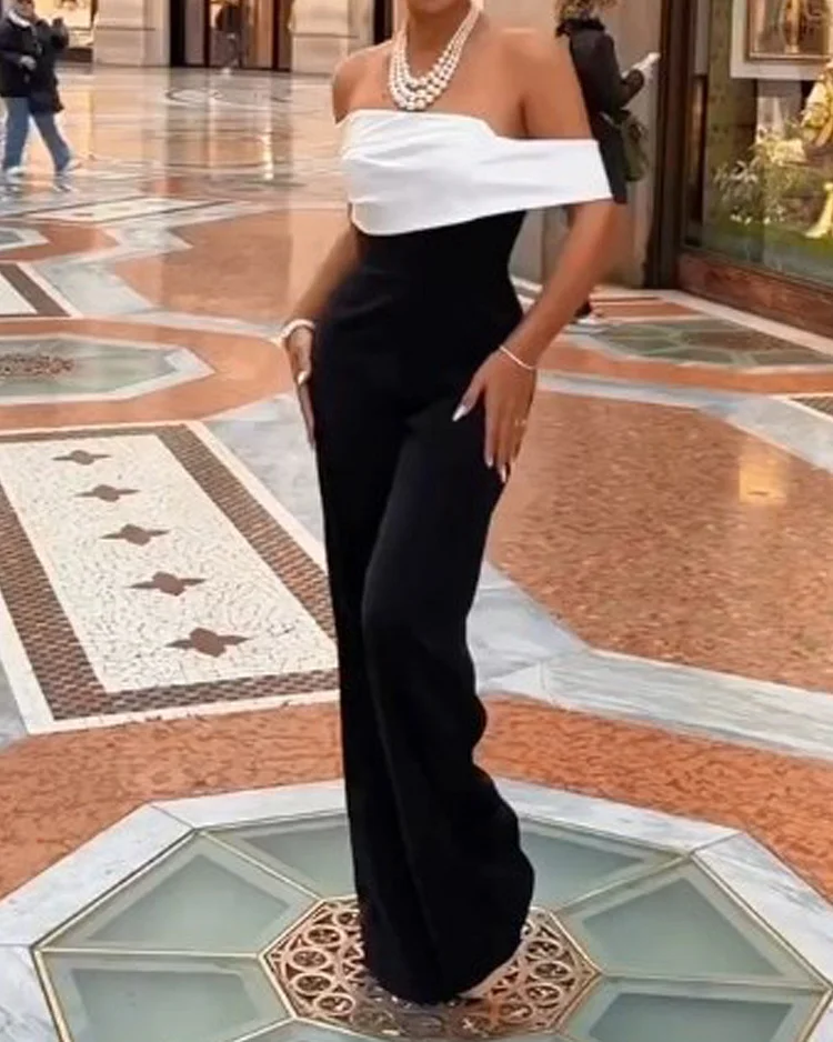 One-shoulder solid color casual jumpsuit