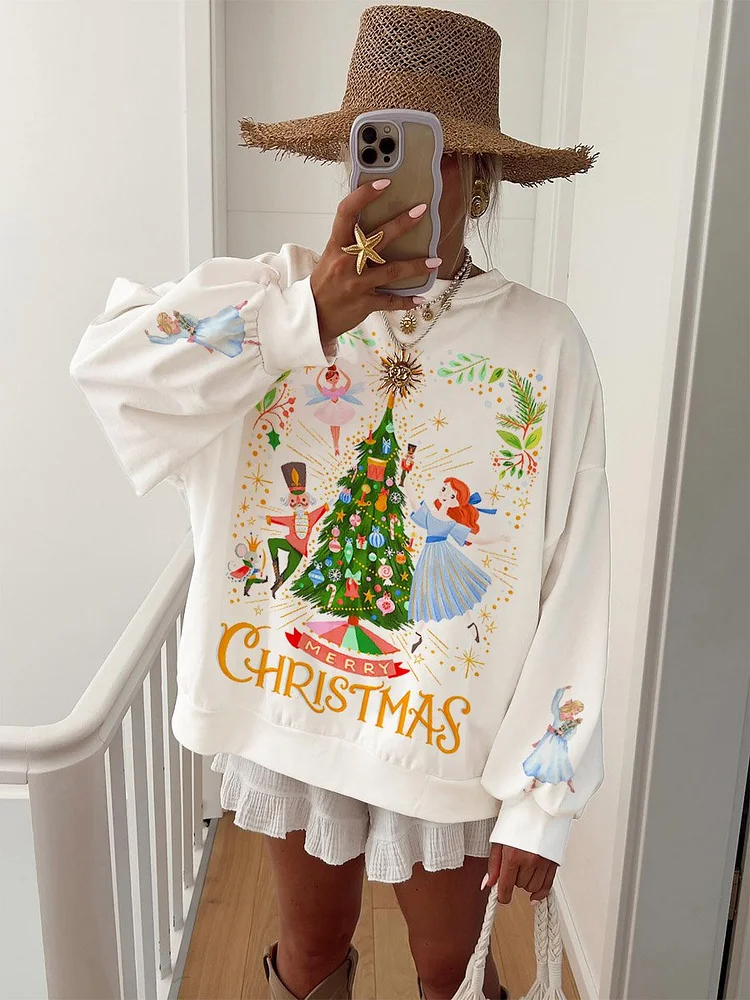 Women's Christmas Nutcracker Printed Crew Neck Long Sleeve Sweatshirt