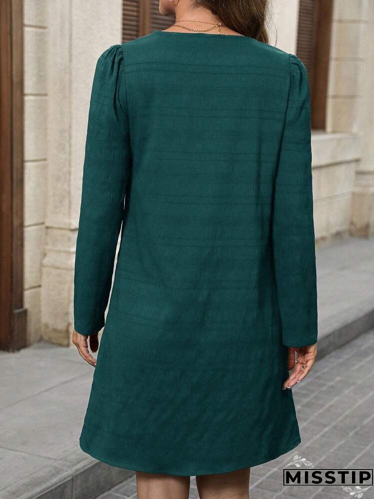 Blue Textured Fabric, Small Notched V-Neck,Fall Women Dresses