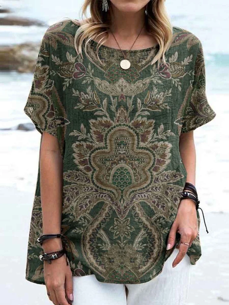 Women's Floral Pattern Round Neck Cotton and Linen Top