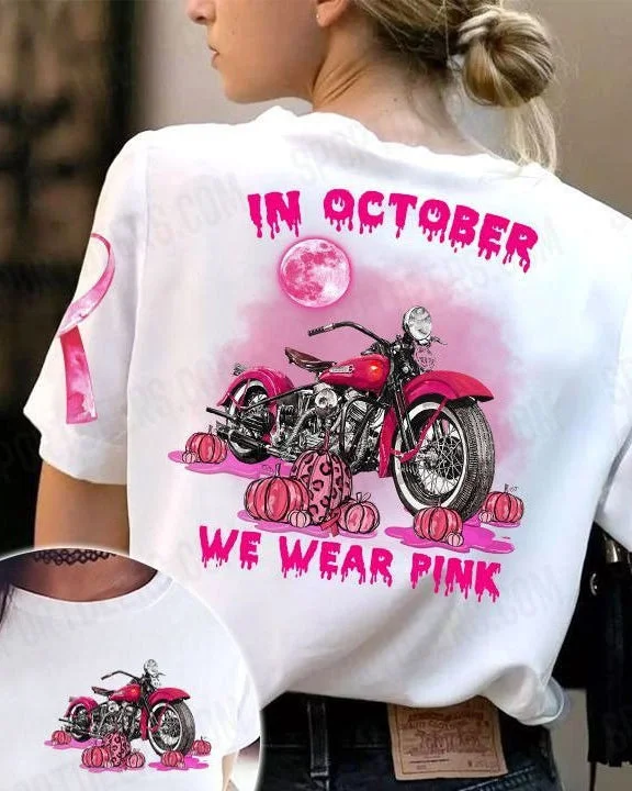 In October We Wear Pink Motorbike Halloween Moon Breast Cancer Tee