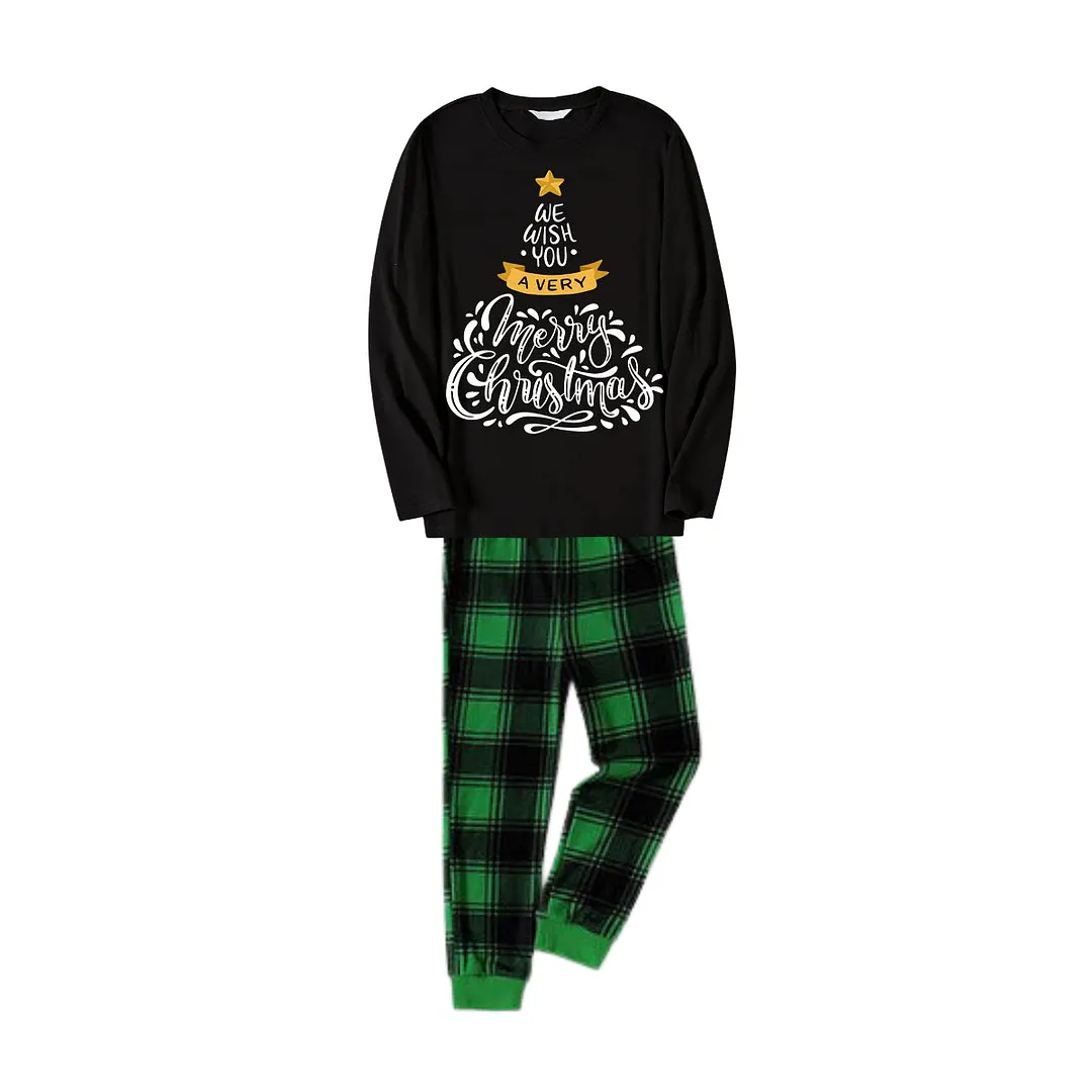 2024 Christmas Tree Pattern "We Wish You"Black Long Sleeves with Vintage Black and Green Plaid Pants Family Matching Pajamas