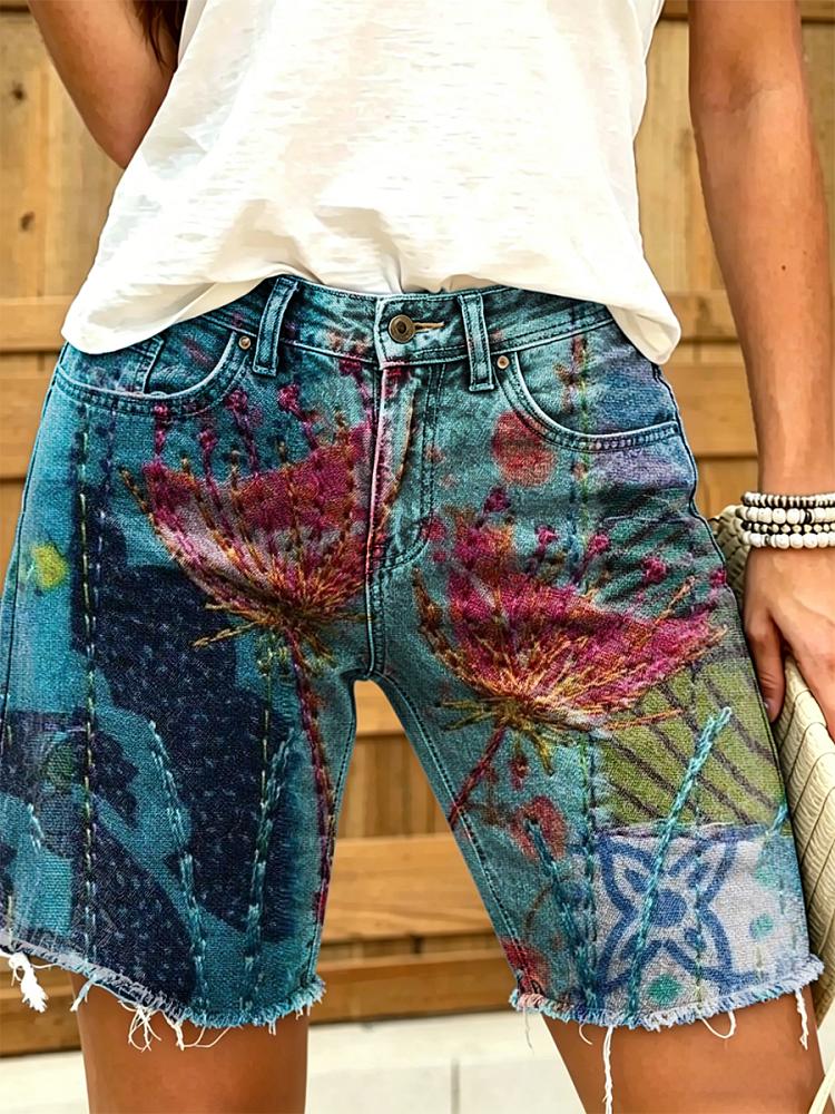 Women's Retro Floral Art Print Casual Washed Cotton Denim Shorts