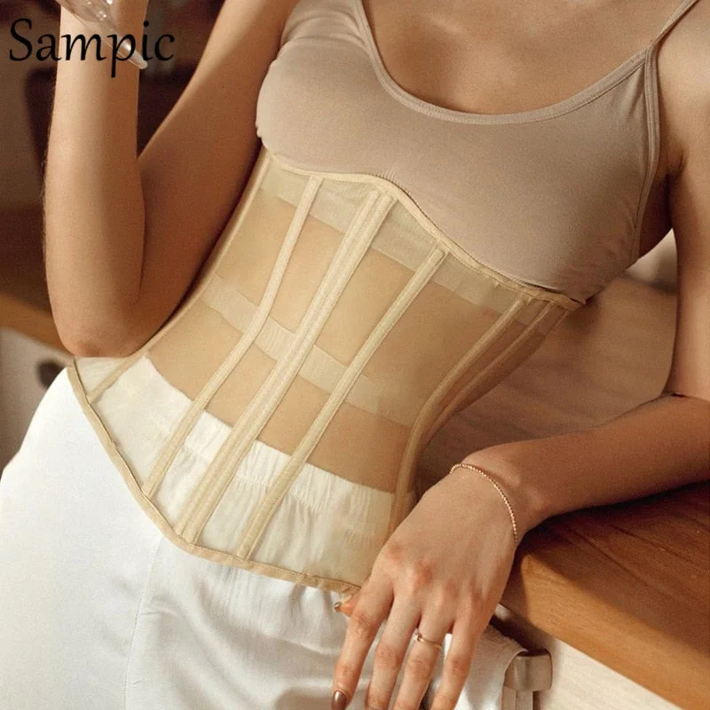 Sampic Fashion Off Shoulder Sexy Corset Tops Women Underbust Waist Belt Gothic Corset Top Skinny Mesh Underwear Cropped Top Vest