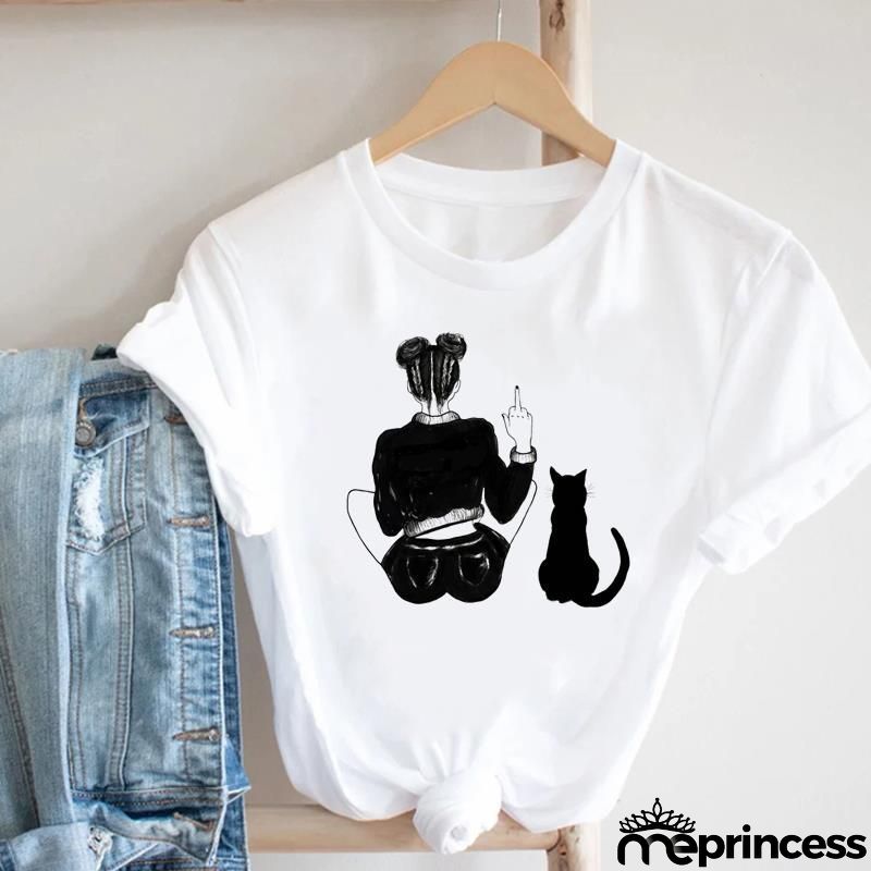 Women Loose Simple Cartoon Cat Footprint Print Round Neck Short Sleeve T-Shirt