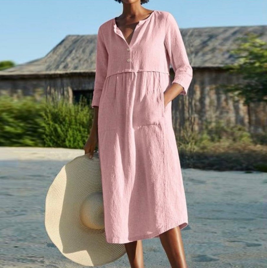 Round neck button pocket cotton and linen mid-sleeve solid color dress
