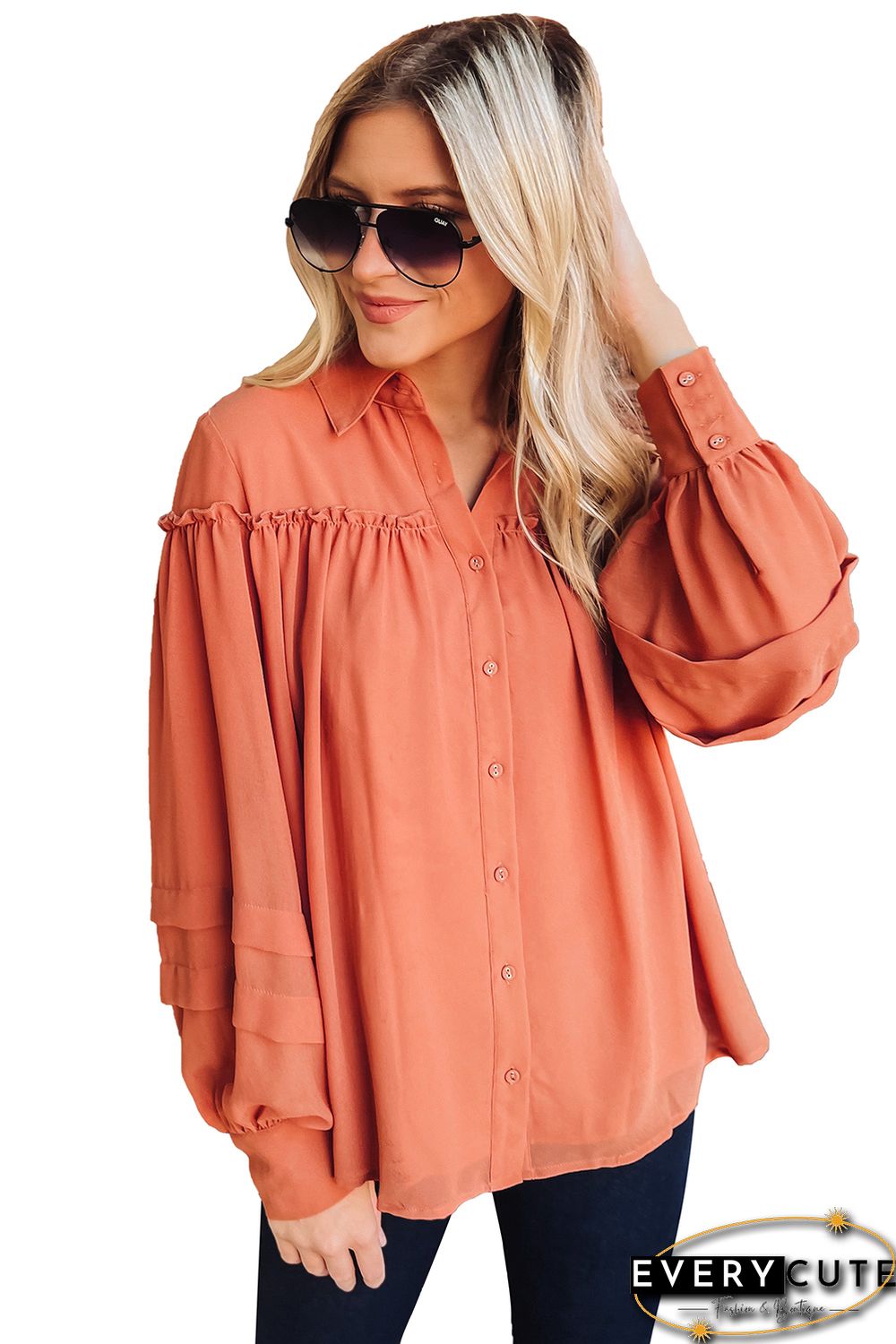 Orange Frill Trim Creasy Puff Sleeve Shirt