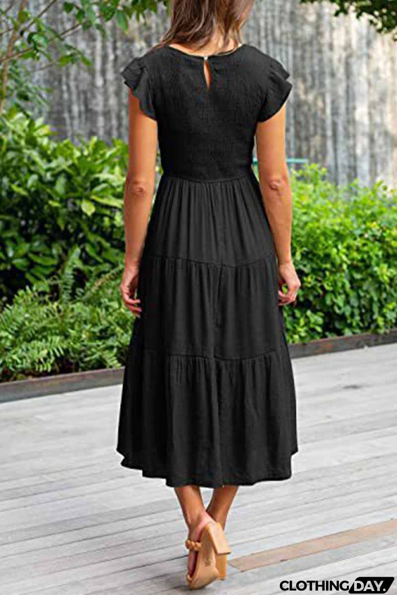 Fashion Solid Flounce O Neck Cake Skirt Dresses（9 colors）