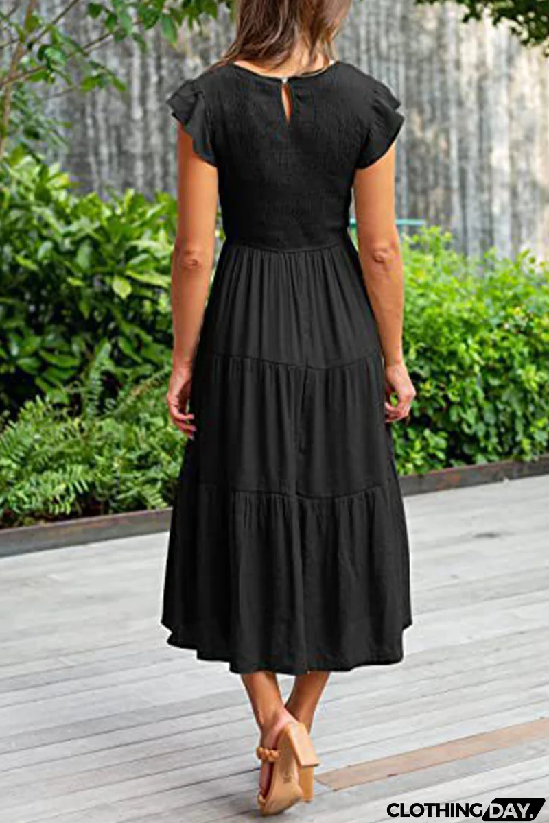 Fashion Solid Flounce O Neck Cake Skirt Dresses（9 colors）