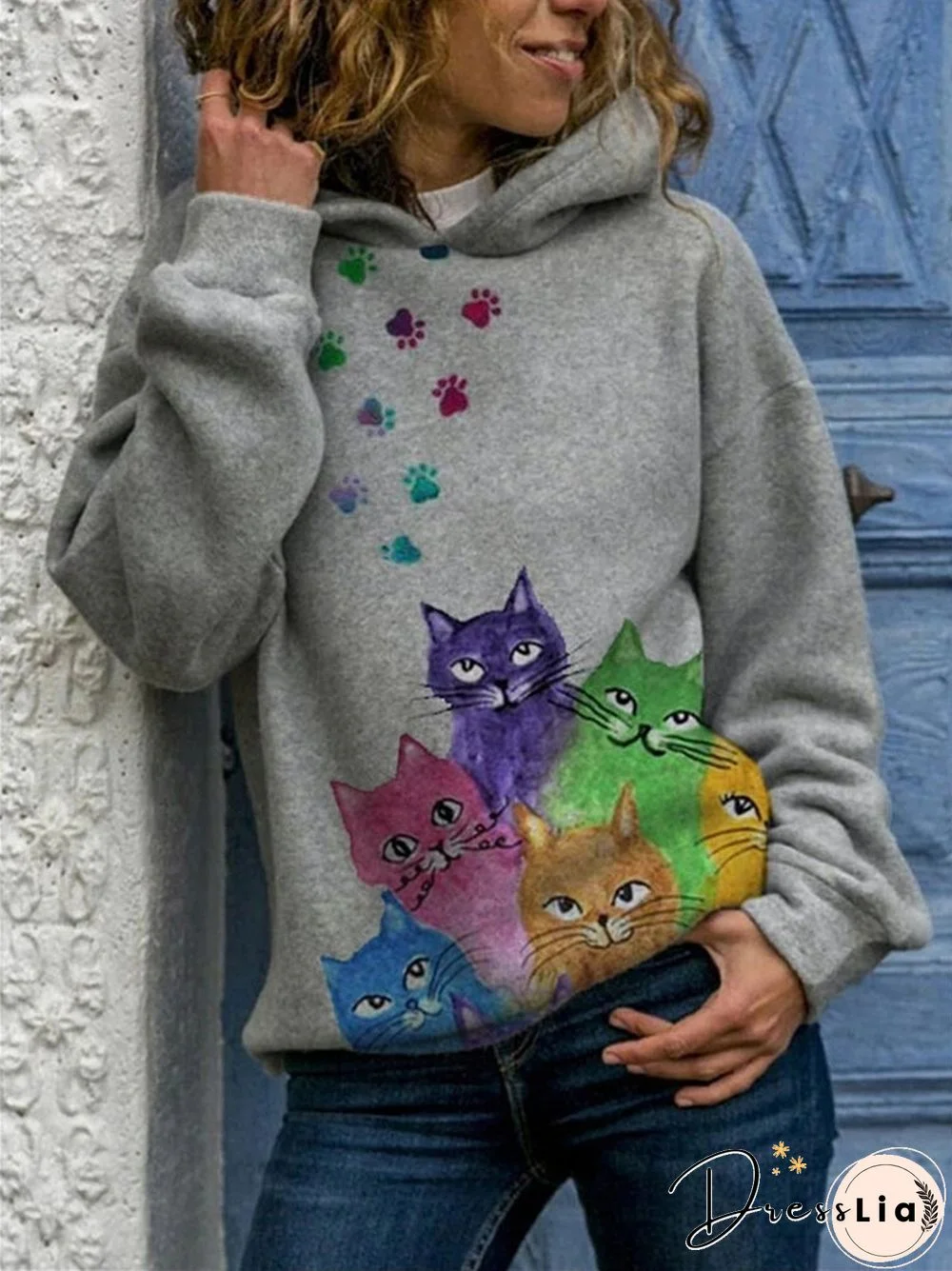 Multi-color Cat Print Long Sleeve Casual Hoodie for Women