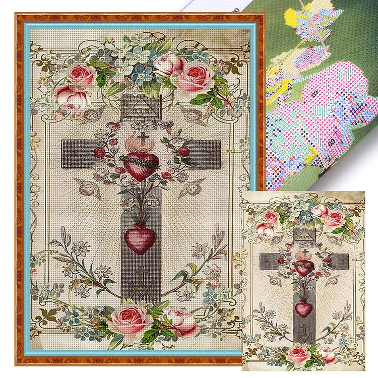 【Huacan Brand】Retro Poster - Cross And Rose 11CT Stamped Cross Stitch 40*60CM