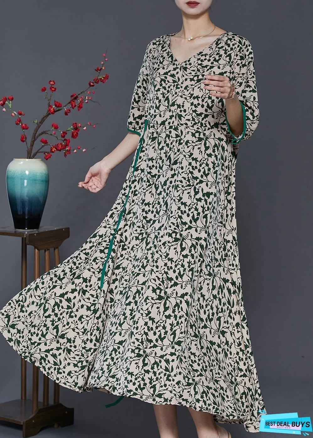 Unique Green Cinched Print Chiffon Long Dresses Summer