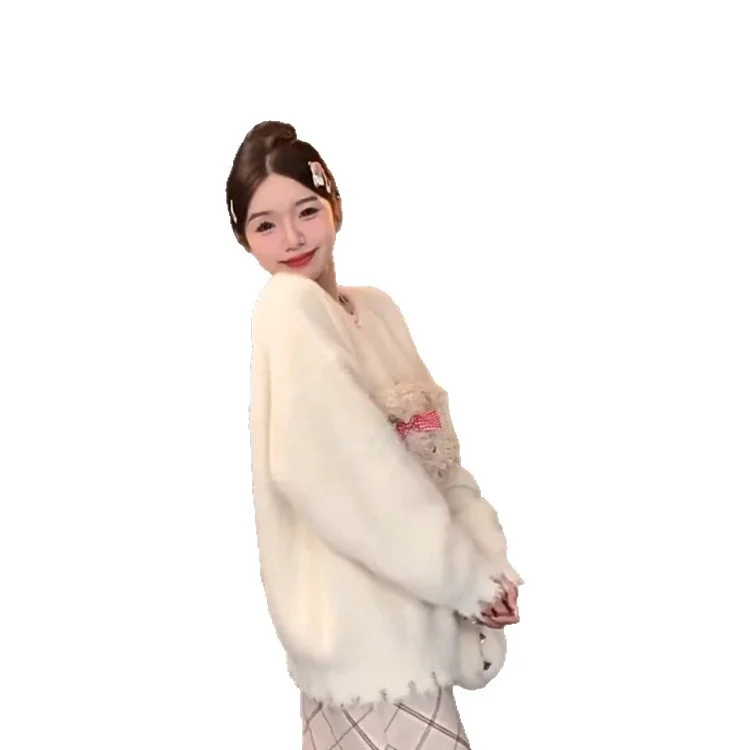 Athvotar Athvotar New Beige Soft-Gried Puppy Splicing Head Horse Sea Hair Sweater Women's Spring And Autumn Lazy Loose Top