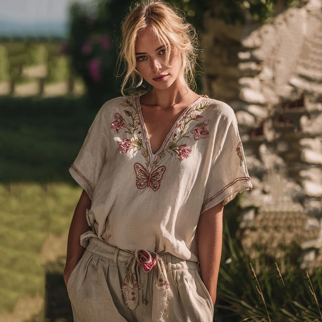 Cozy Pink Floral Butterfly Embroidery Short Sleeve Linen Blend T-shirt