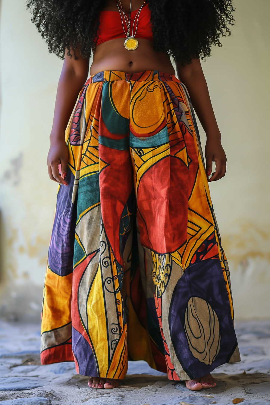 Design Plus Size Casual Colorblock Ankara Boho High Waist Wide Leg Pants [Pre-Order]