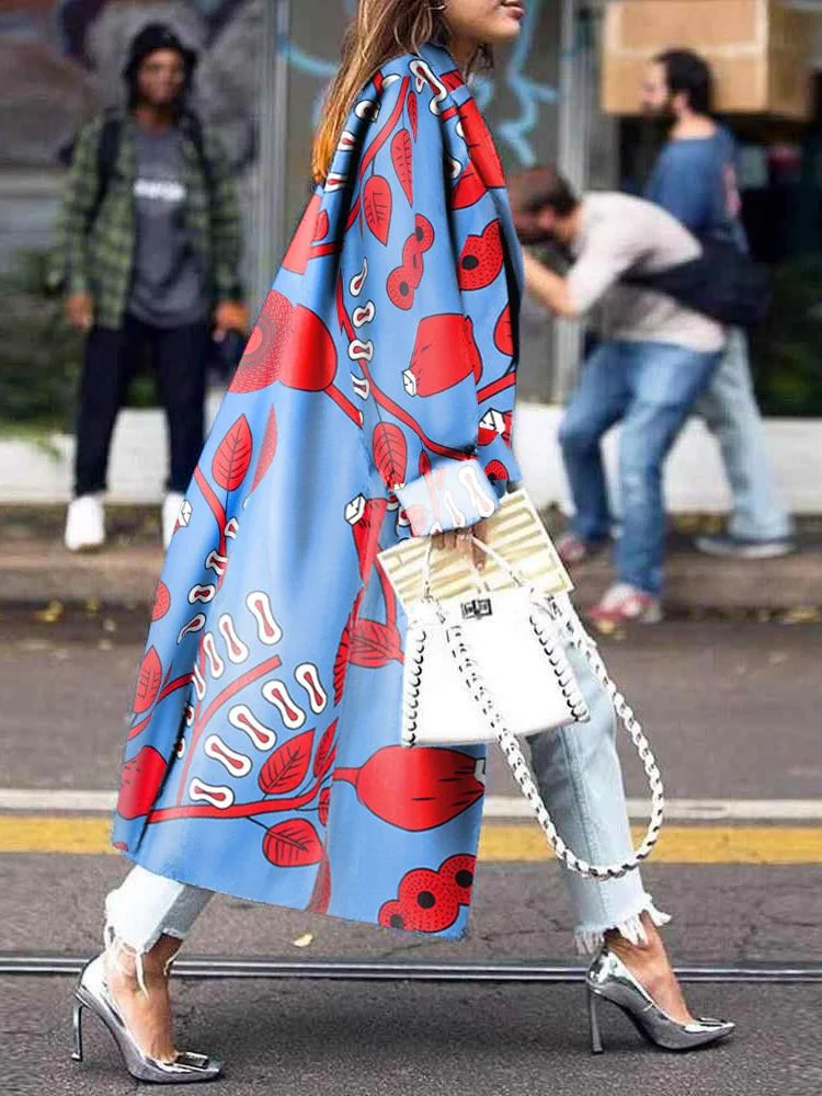 Women Chic Red Printed Long Sleeve Jacket