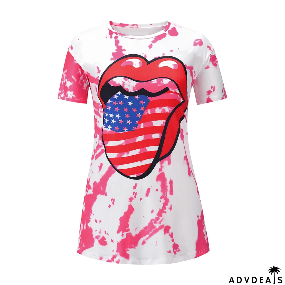 Summer Tie Dye Tongue Print O-Neck Regular Shirt