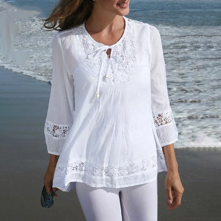 VChics Cotton And Linen Patchwork Lace Temperament Long Sleeved Shirt