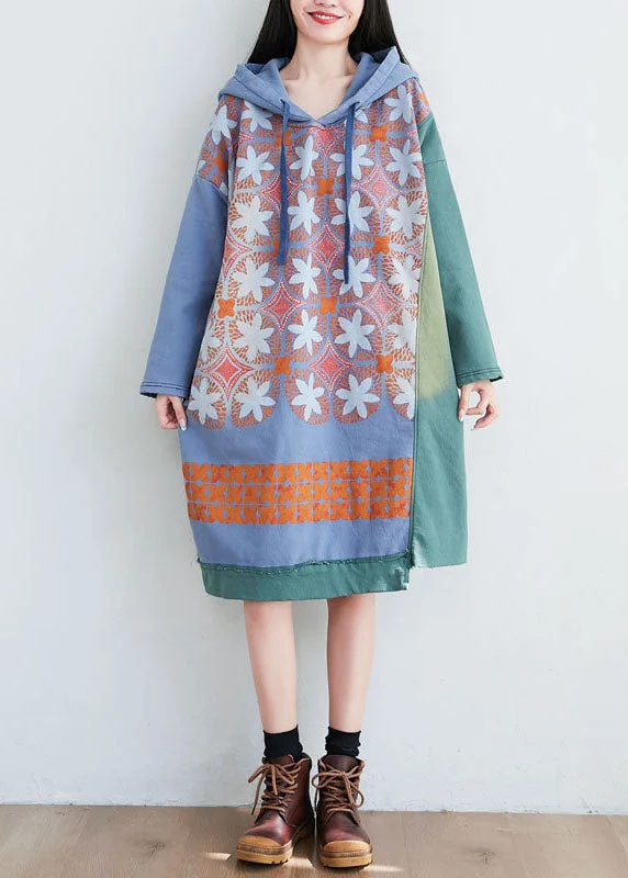 Women Green Hooded Print Cotton Mid Dresses Spring