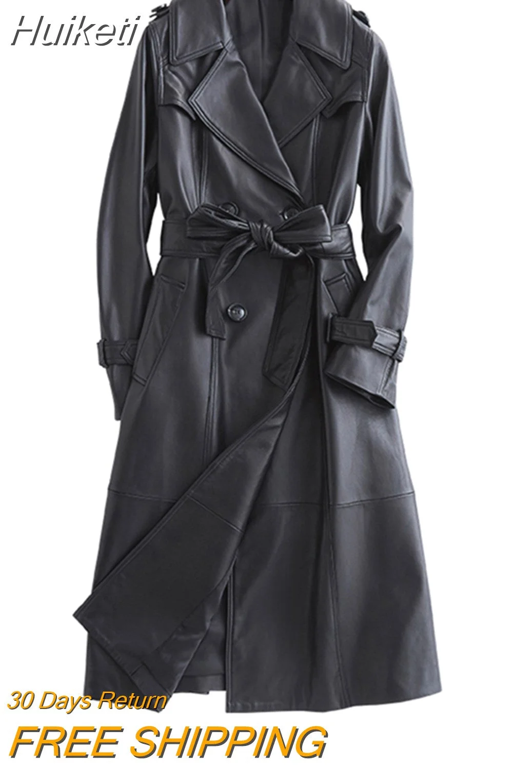 Huiketi Autumn Long Black Leather Trench Coat for Women Long Sleeve Belt Lapel Luxury Spring British Style Outerwear Fashion