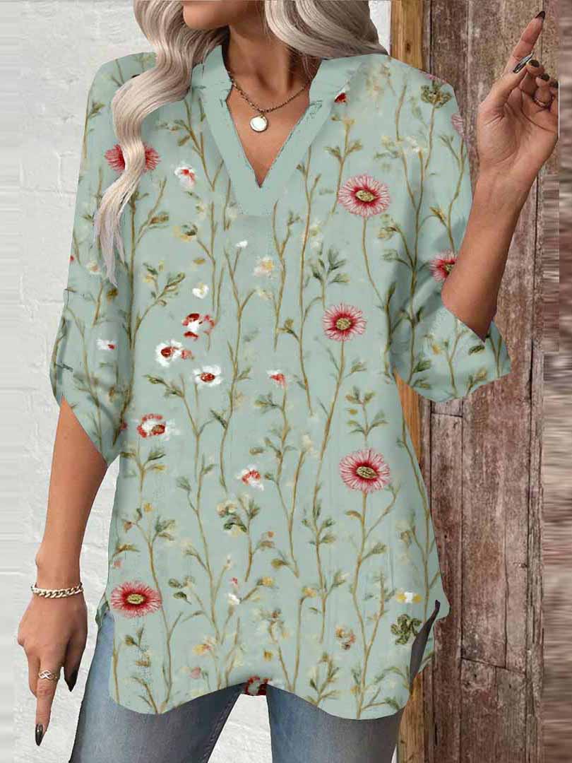 Women Floral, Green DZGA0038 3/4 Sleeve V-neck Printed Graphic Button Tops