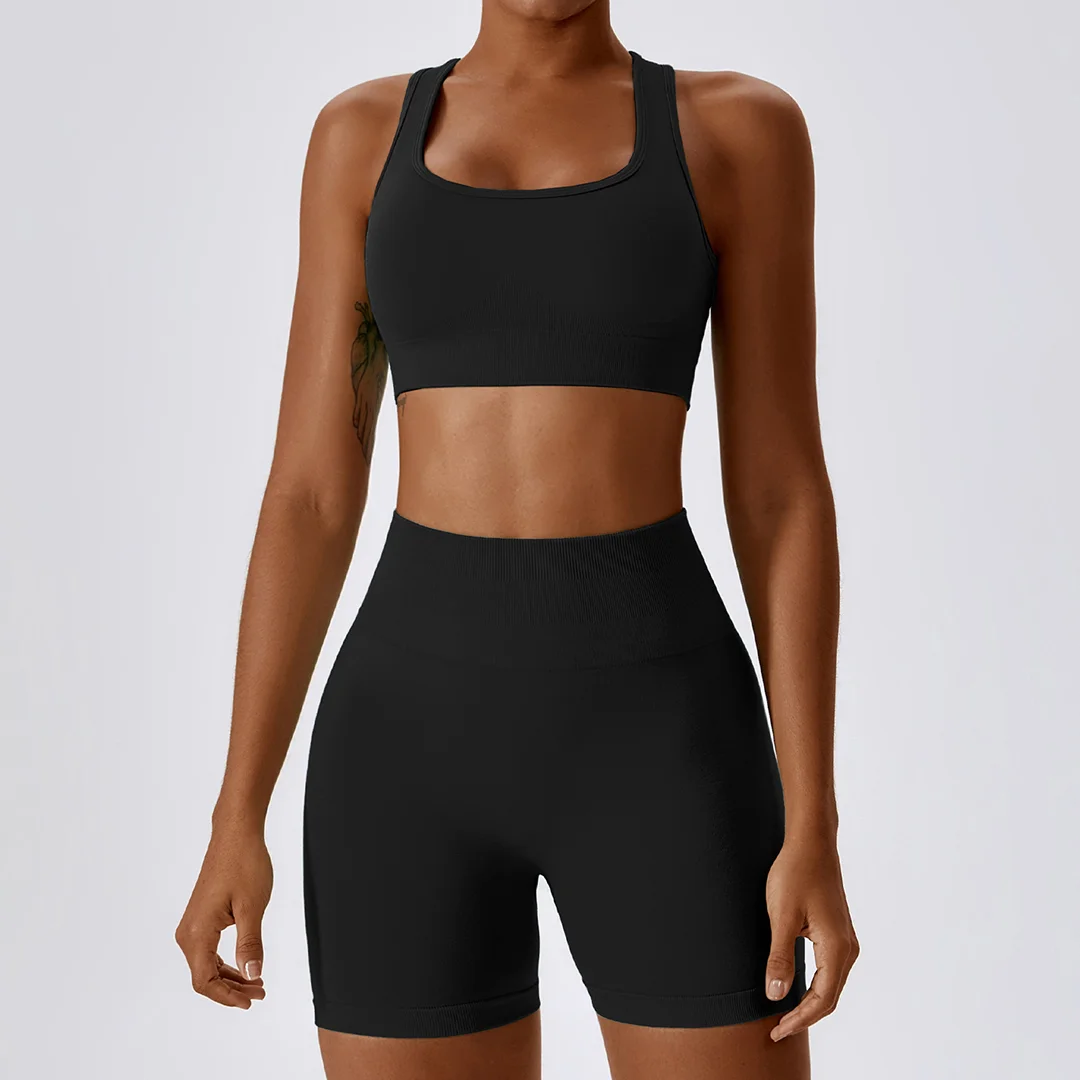 Seamless back cross sport bra & shorts 2-piece set