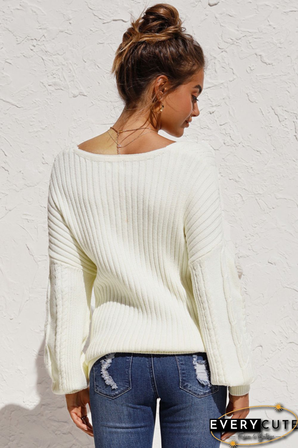 Beige Wrap V Neck Lantern Sleeve Textured Sweater