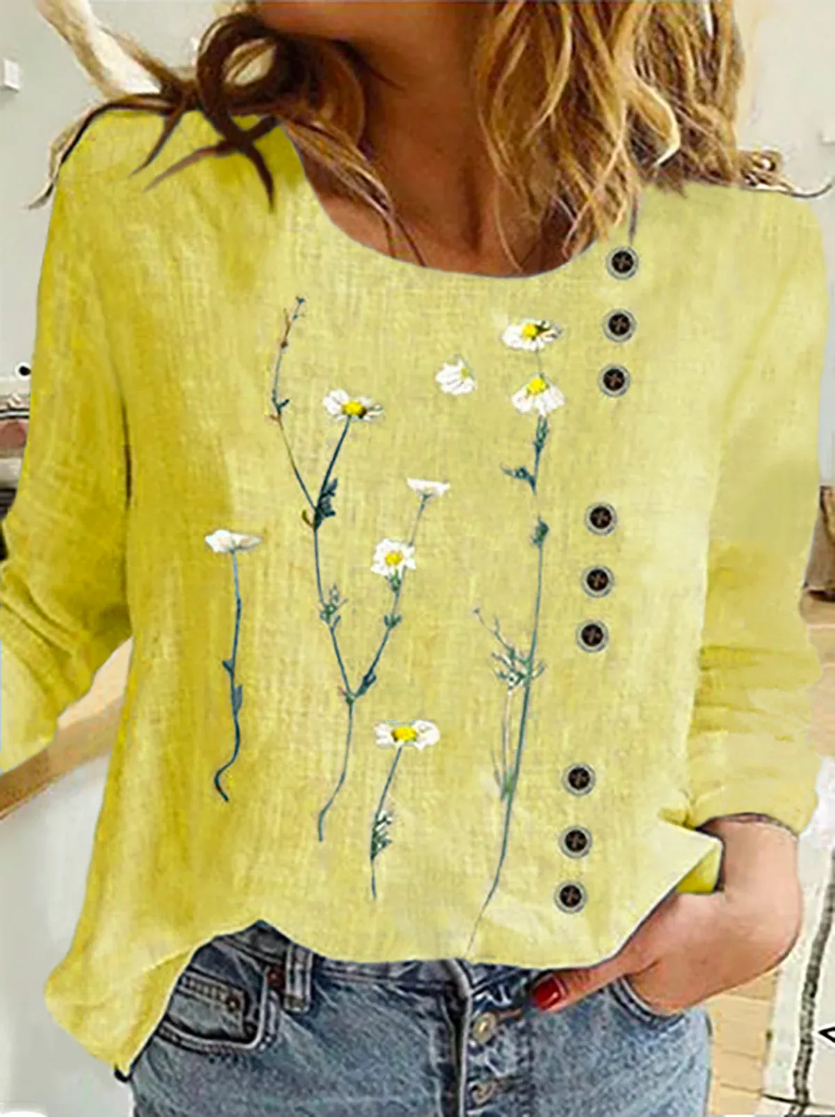 Plus size Casual Floral Long Sleeve Tops