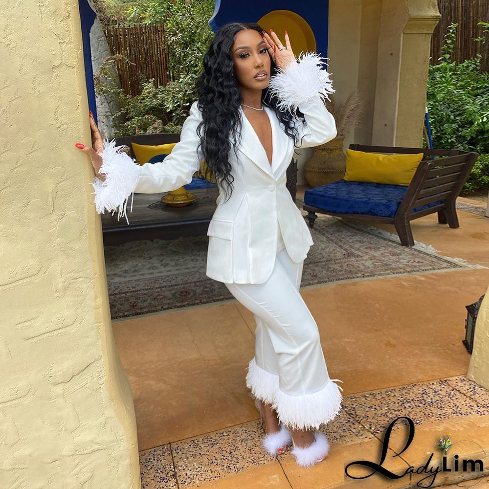 Women's Fashion Two-piece Blazer and Pants Suits with Feather