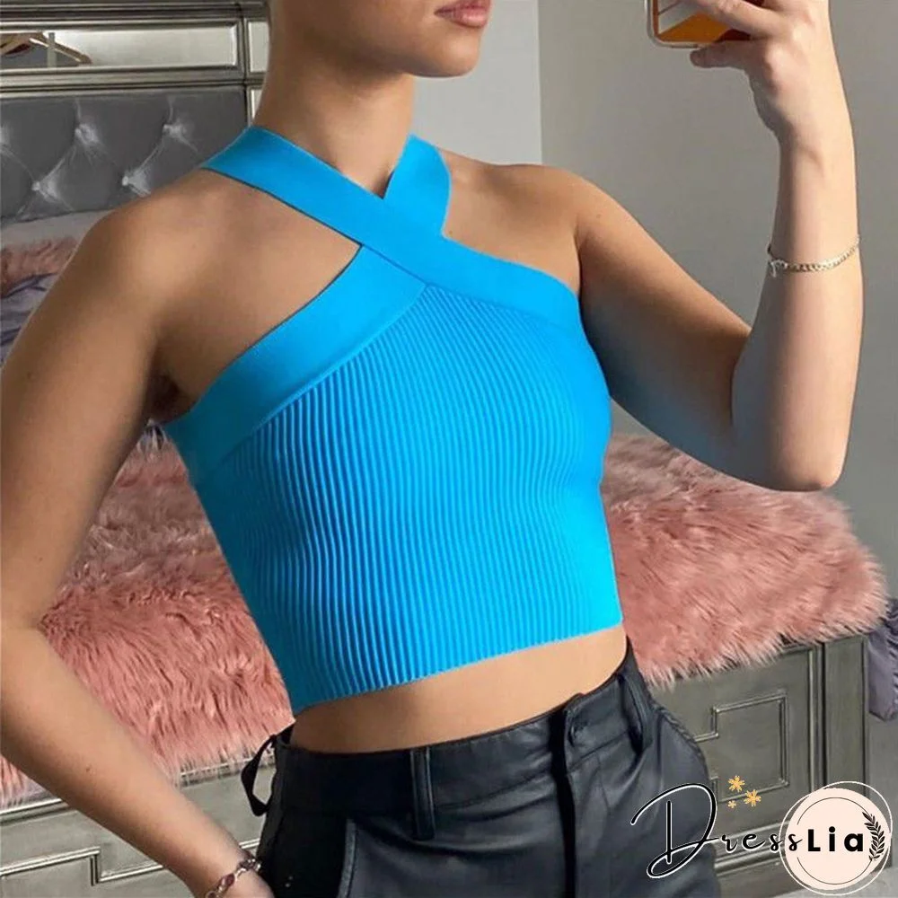 Crinkle Wide Ribbed Rib Criss Cross Halter Crop Top