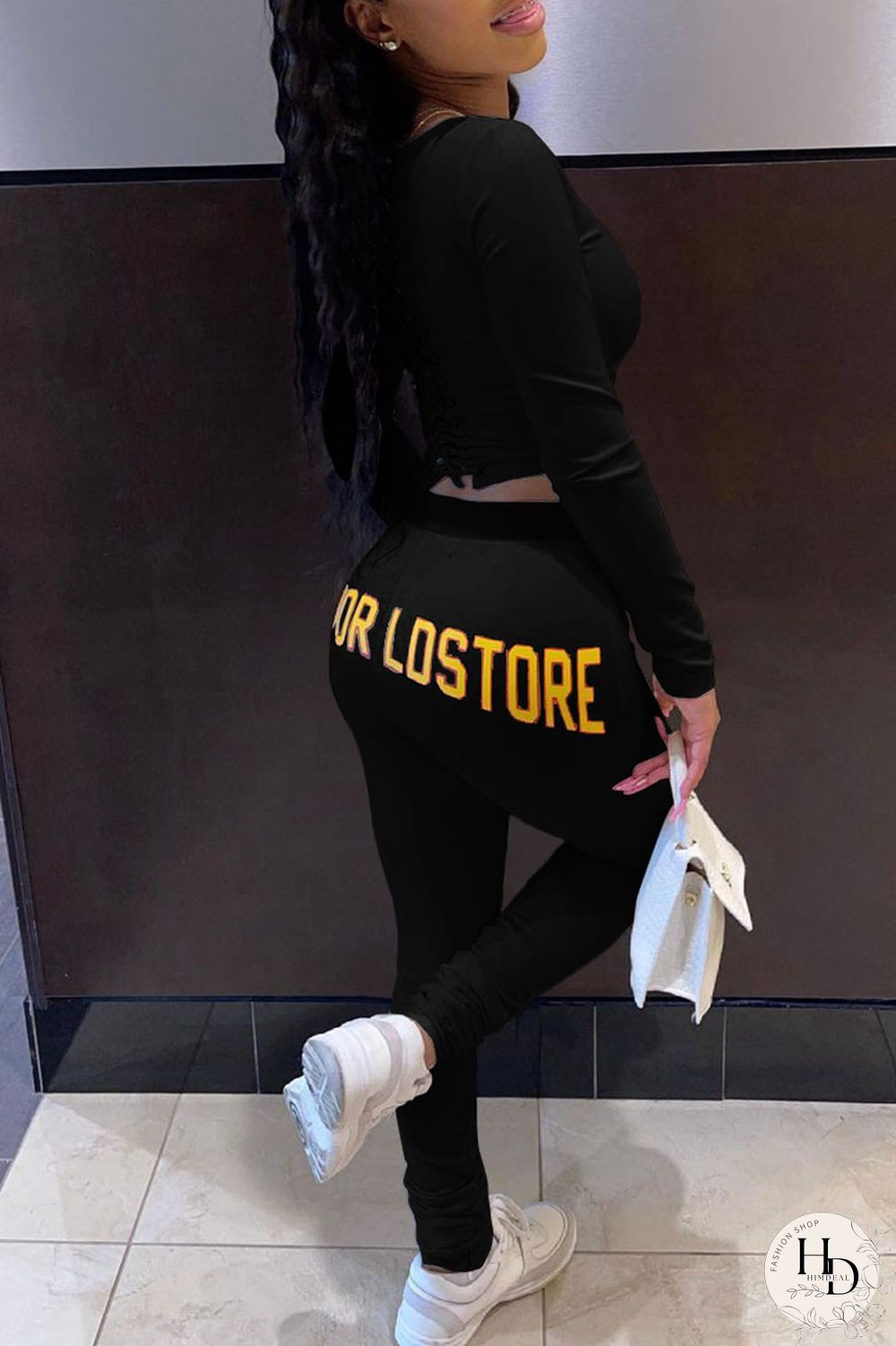 Black Sexy Print Bandage Hollowed Out Split Joint O Neck Long Sleeve Two Pieces