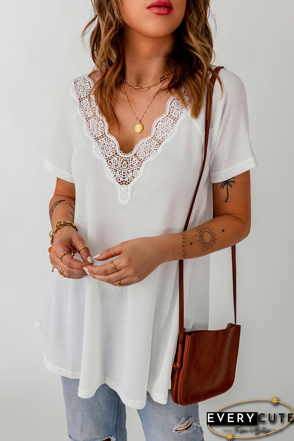 White Lace Crochet Waffle Knit Ruffled V Neck Top