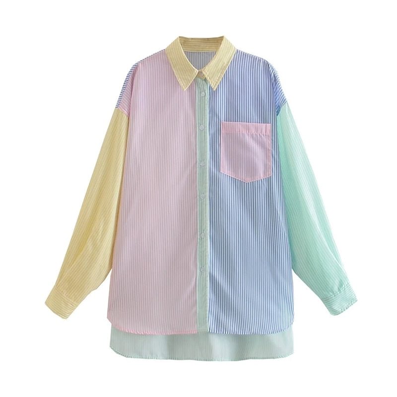 Fashion Patchwork Striped Color-Block Women Shirt 2021 New Spring Summer Elegant Pocket Single Breasted Lapel All-Match Blouse