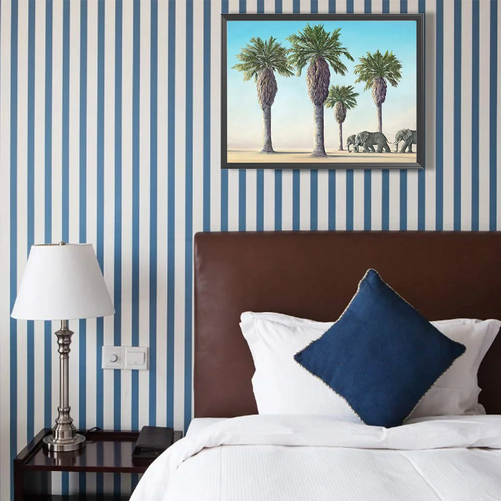 Full Round Diamond Painting 35*30cm - Palm Trees And Elephants