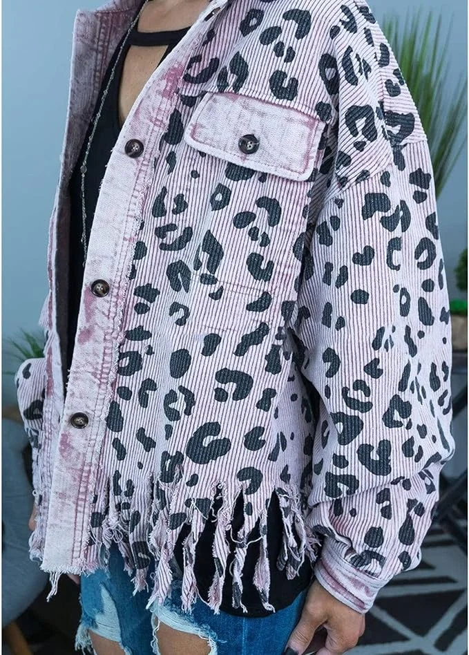 Women's Corduroy Jacket Leopard Print Tassel Purple Shacket Jacket